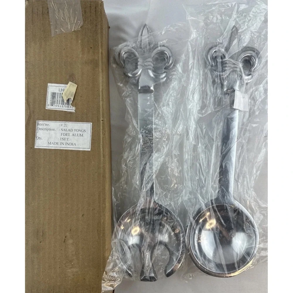 Vintage Fleur de lis‎ Cast Aluminum Salad Tongs Fork Spoon Serving Set India NEW
